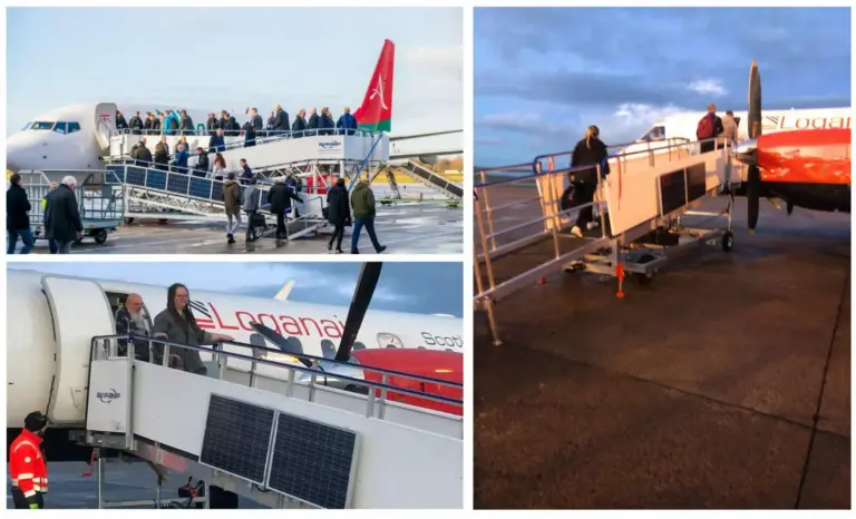 Passengers using portable jet bridges to board or leave airplanes at the airport, with ground staff assisting and travellers walking on the tarmac during the day.