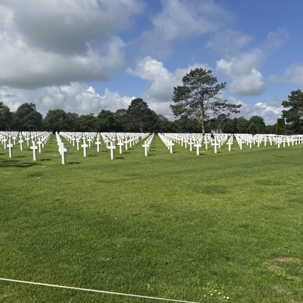 Rows of white crosses mark a memorial site, honouring fallen heroes beneath a cloudy sky.