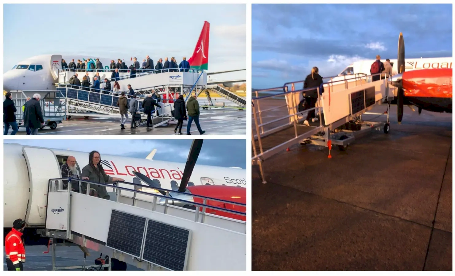 Passengers using portable jet bridges to board or leave airplanes at the airport, with ground staff assisting and travellers walking on the tarmac during the day.