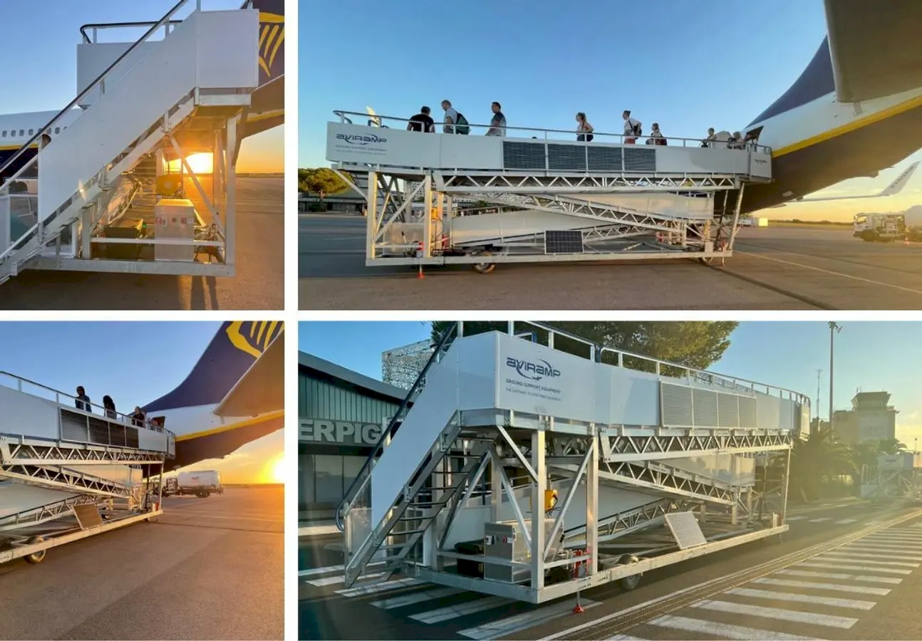 A series of striking images showcasing aircraft boarding stairs equipped with solar panels, illuminated by the warm glow of sunset at the airport. The photos highlight different angles and configurations of the stairs, emphasizing their modern design and eco-friendly features as they stand ready to assist passengers in a scenic and sustainable airport setting.