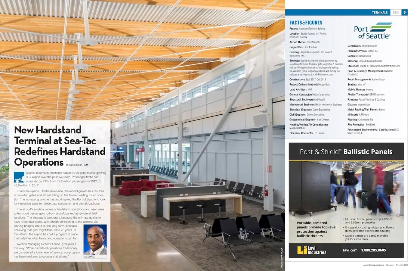 The interior of the new hardstand terminal at Seattle-Tacoma International Airport, highlighting modern architecture with wooden ceiling details, large windows, and seating areas for passengers.