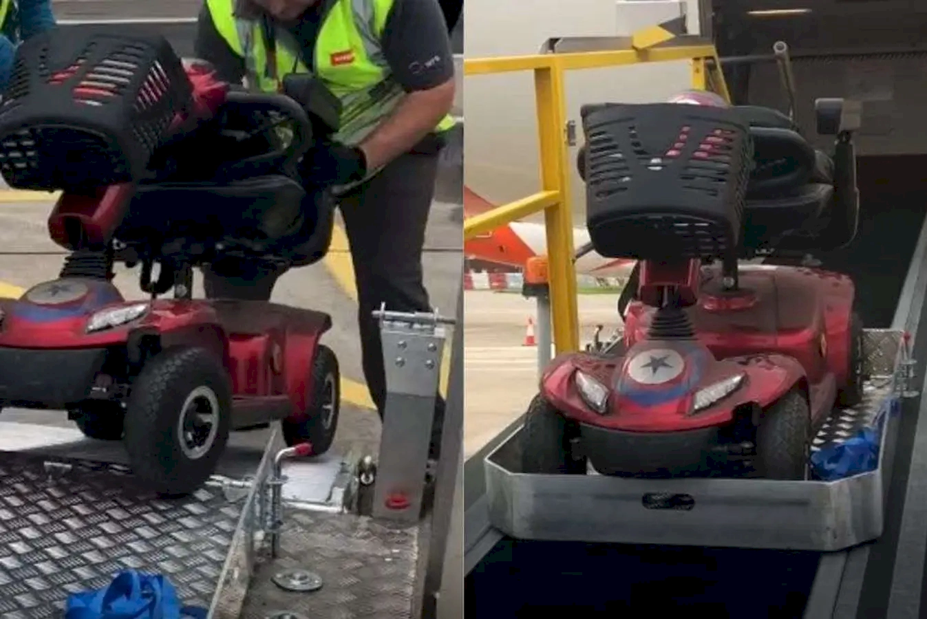 A small red electric vehicle at the airport, with multiple views showing ground staff managing it and positioning it on airport equipment, indicating it's ready for use or transportation.