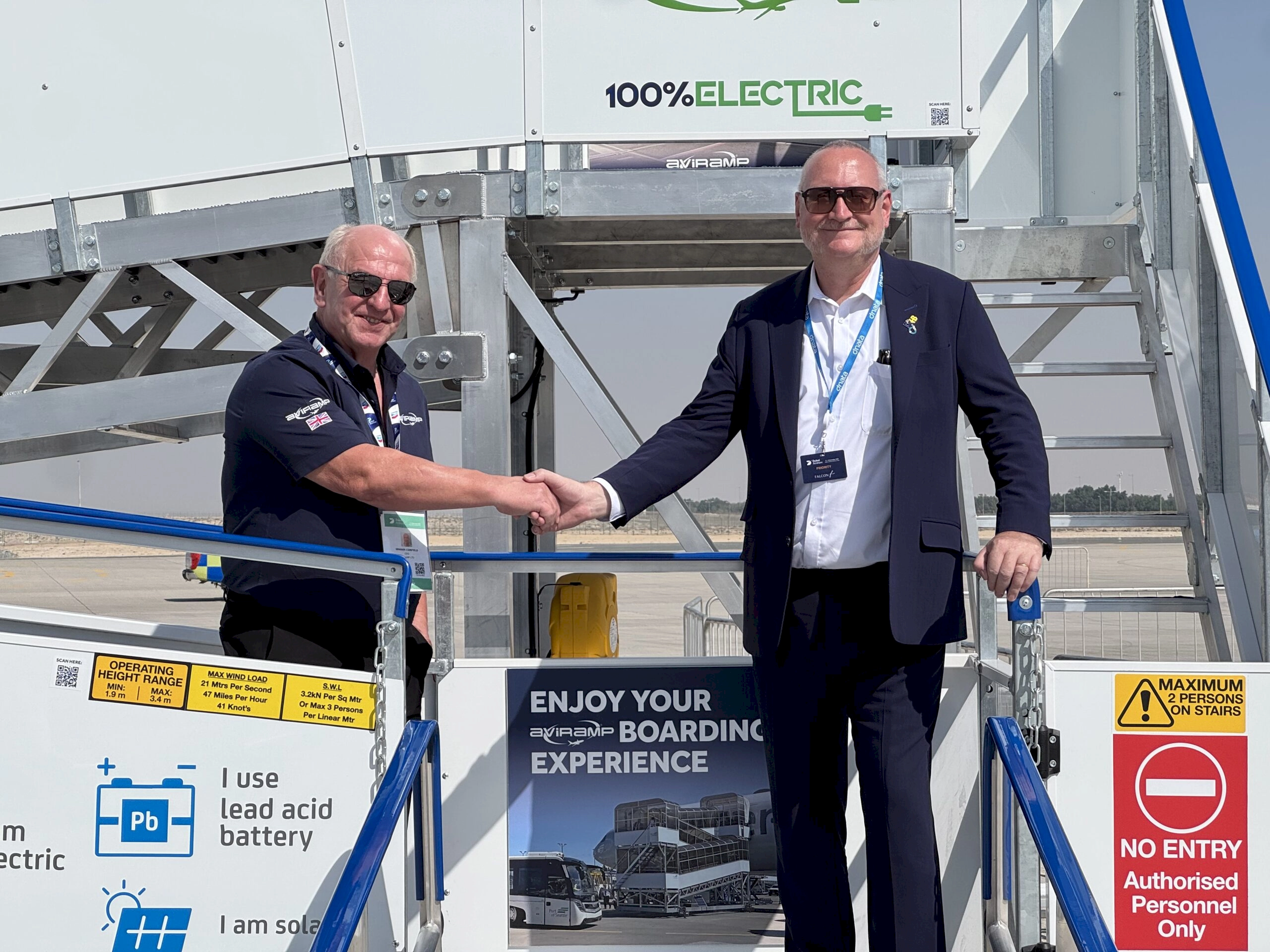 Graham Corfield, Aviramp CEO shaking hands with Robert Powell dnata's VP Technical Services UAE and Global GSE Strategy on an Aviramp at the Dubai Airshow in November 2025