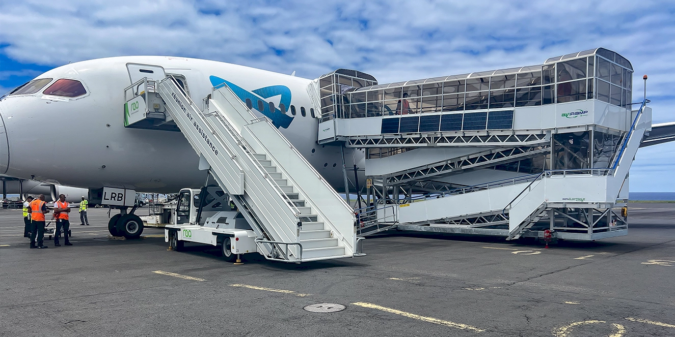 Aviramp international ramp connected to a large wide body aircraft